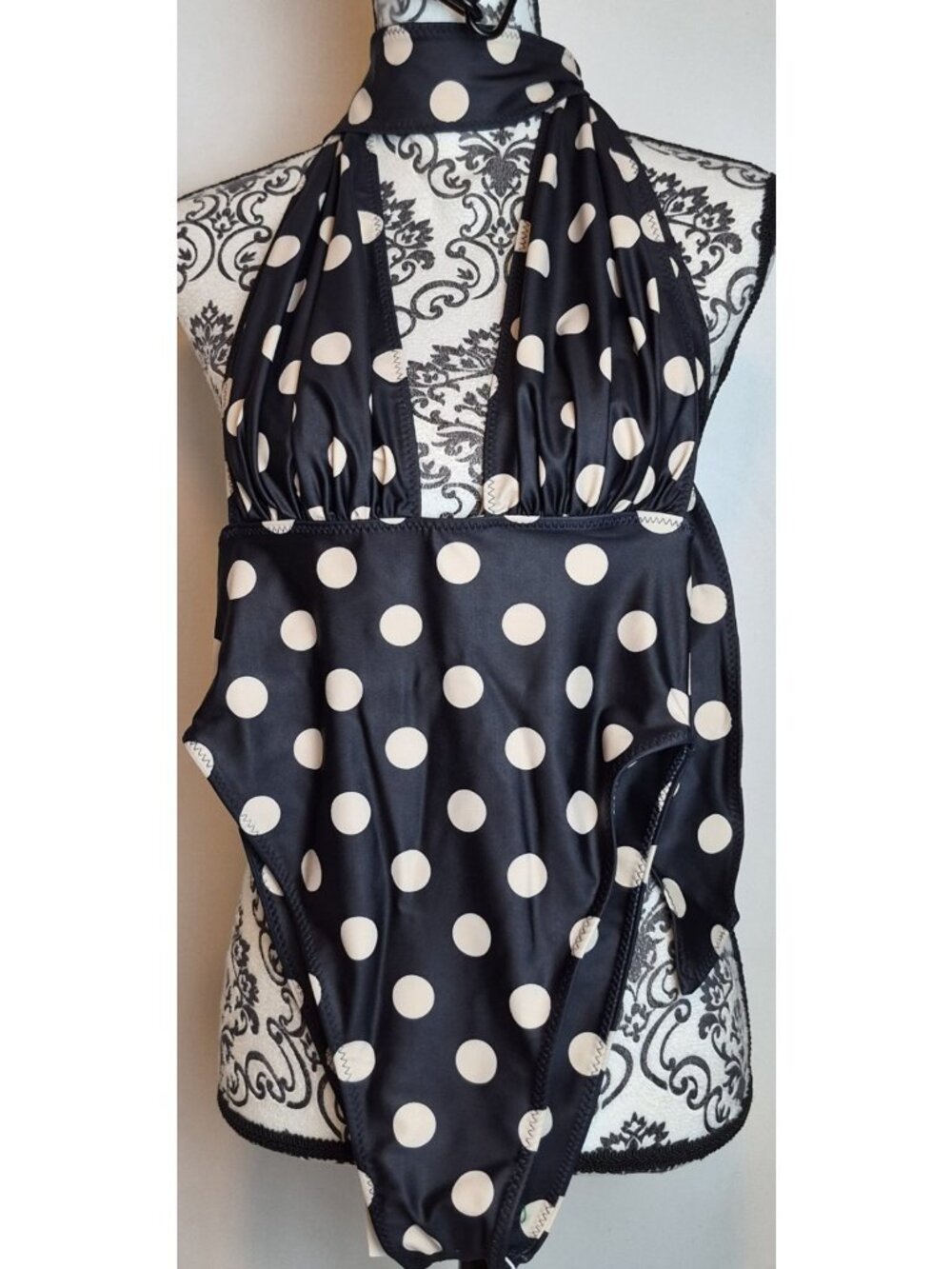 SAME Los Angeles One Piece Swimsuit NWT XS Black Polka Dot Long Sleeve Cutout